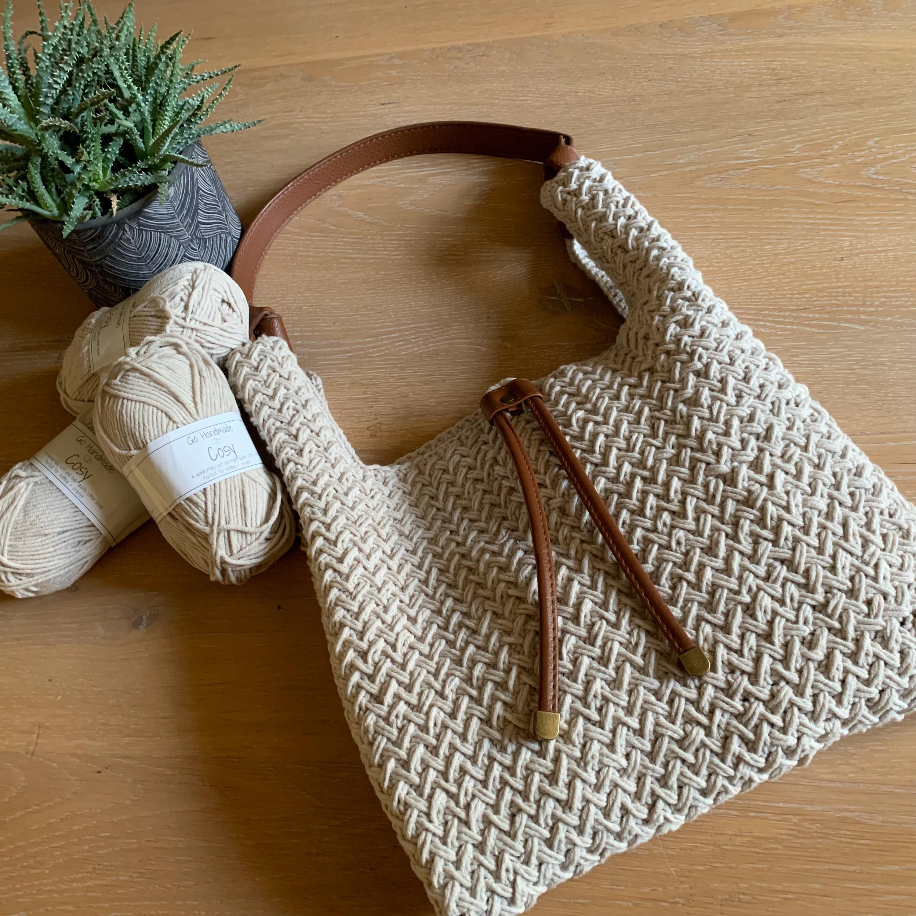 CROCHET BAG, crochet coton bag with leather handles