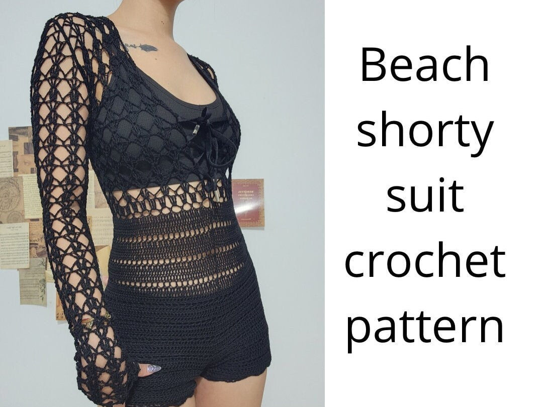 Crochet Pattern Dress Crochet Beachwear Shorty Suit Gown Shorty Suit Dress  Boho pattern Summer Crochet pattern black cover up pattern